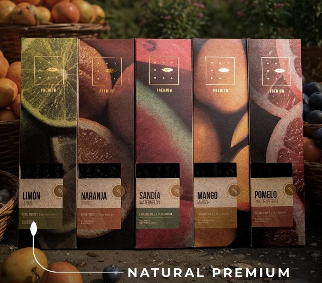 Sahumerios a base de frutas. una hora de duración aproximada. Cada cajita contiene 6 varillas. Esta línea de sahumerios nos trae las bondades naturales de las frutas en sus aromas más deliciosos.